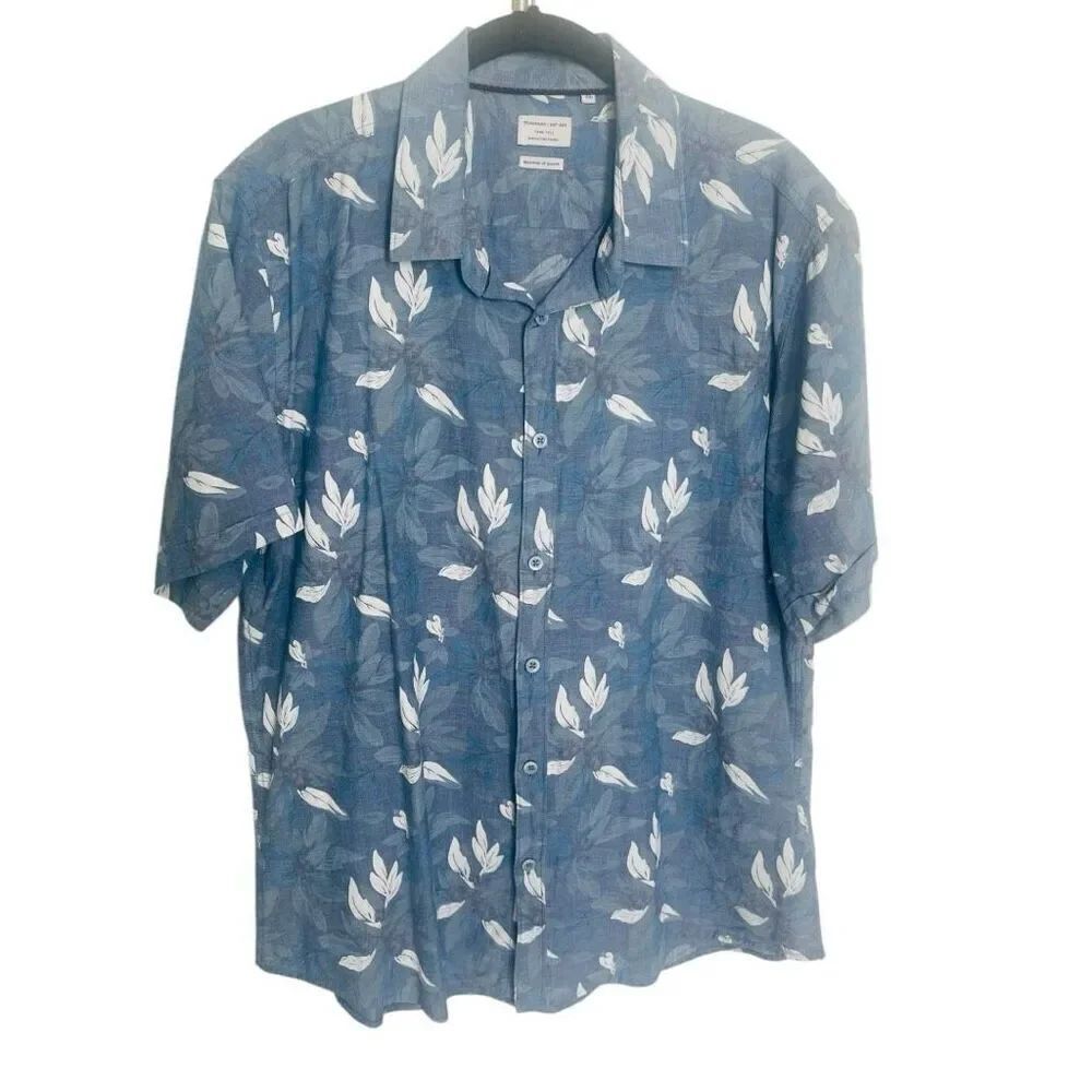 7 Diamonds Mens Open Grid Cotton Button Front Shirt Shirt XL Blue Leaf Print